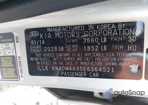2014 Kia Rio Lx from USA, damaged, VIN KNADM4A35E6364521